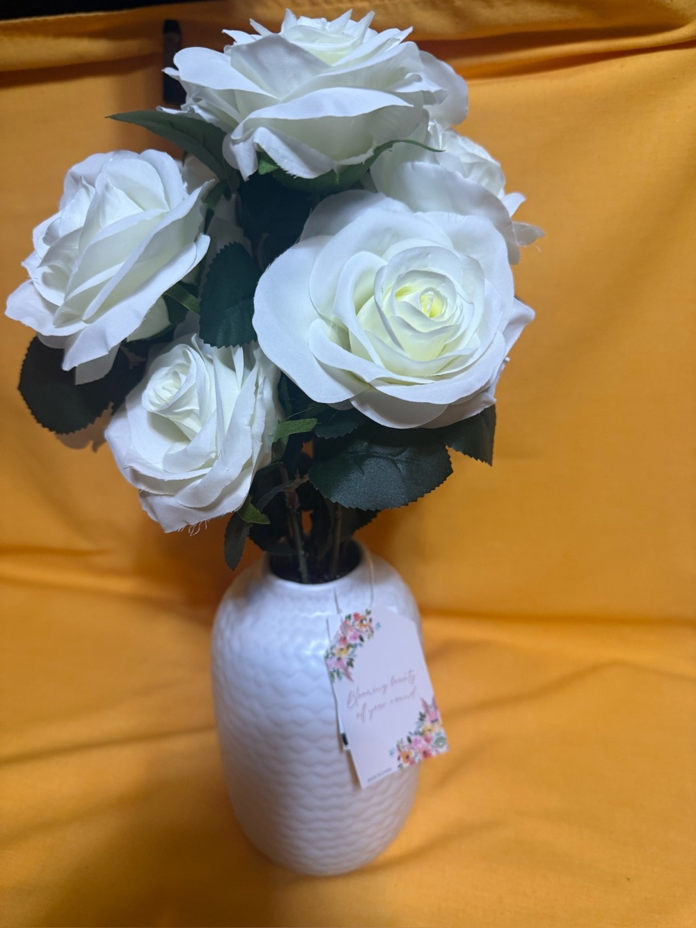 White Artificial Rose Bouquet in Ceramic Vase - Home Accents